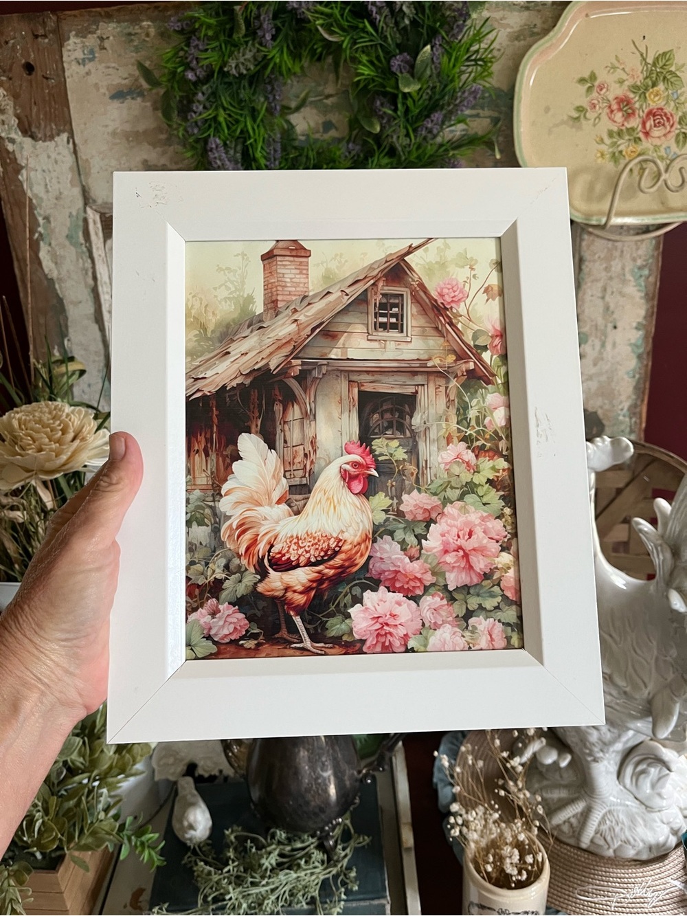 Hobby Lobby White Framed Rooster Art Print with Pink Floral Accents - Picture 10 of 13